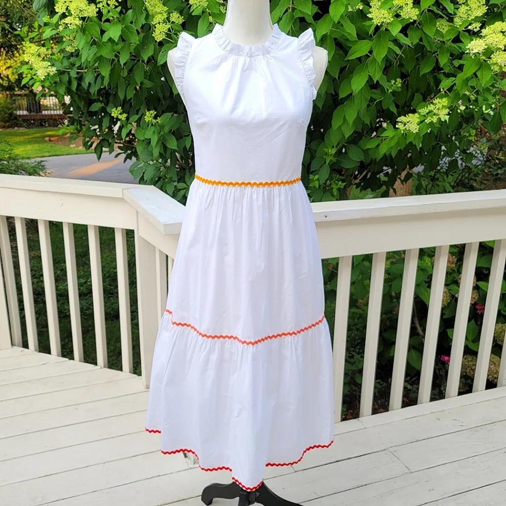New! J Crew size 2 White Tiered Midi Ruffle Dress Rickrack Trim NWT - Picture 1 of 6